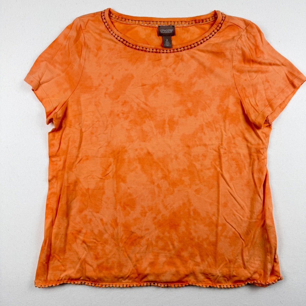 Chico's Orange Tie Dye Pom Pom Lace Trim Cotton Modal Top Size 2 Large